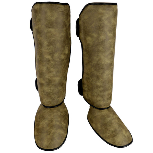 Pair of brown and black thickened shin guards for fighting and boxing, featuring a distressed leather-like texture. - Image 6