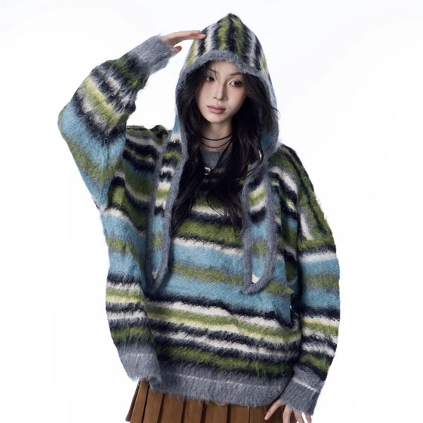 Bufanda Gorro Suéter Mohair a Rayas - Estilo Desenfadado para Mujer