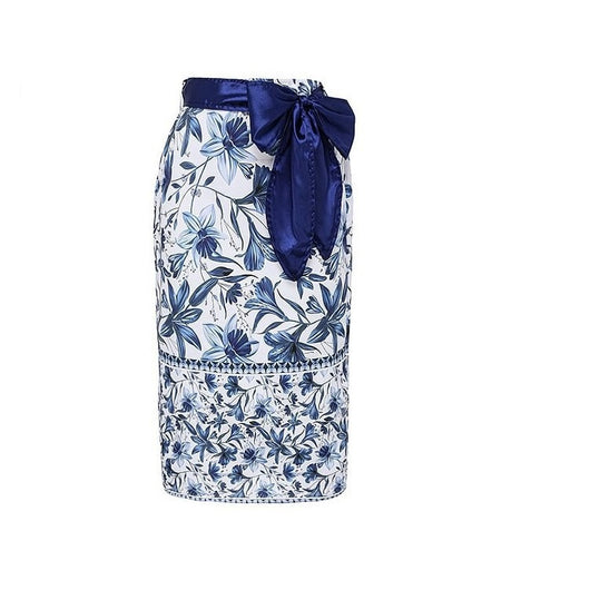 Women's blue and white floral one-piece swimsuit with ruffled V-neck and matching sarong skirt with bow. - Image 9