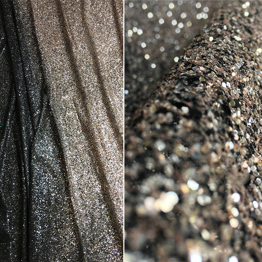 Tela Lentejuelas Bicolor Negro Dorado y Plateado - Versión Premium