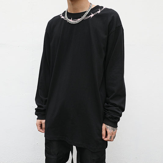 Camiseta Manga Larga Holgada con Escote de Espinas Bordadas y Abertura Lateral