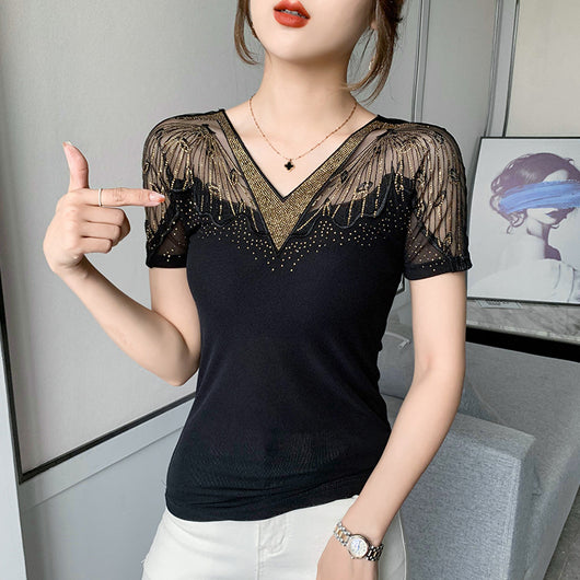 Blusa Mujer Manga Corta con Strass Brillante - Image 5