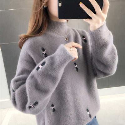 Suéter Cuello Alto Medio de Terciopelo Visón - Top Suelto Bordado para Mujer - Image 12