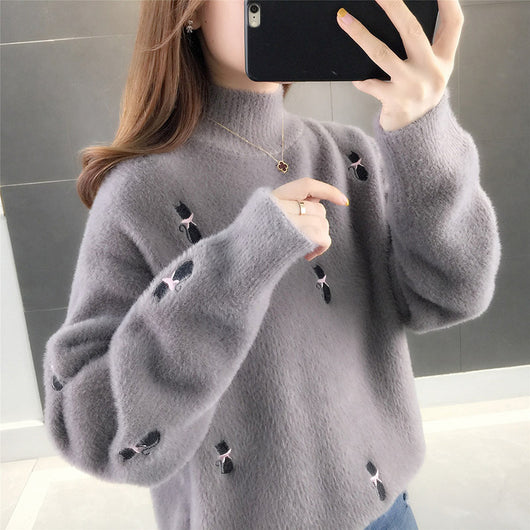 Suéter Cuello Alto Medio de Terciopelo Visón - Top Suelto Bordado para Mujer - Image 12