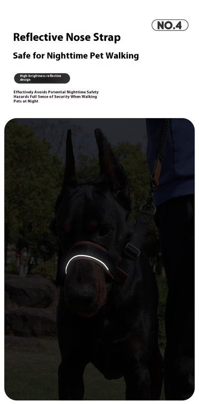 Black and brown leather and nylon dog muzzle with adjustable straps and a D-ring, shown with a size chart. - Image 15