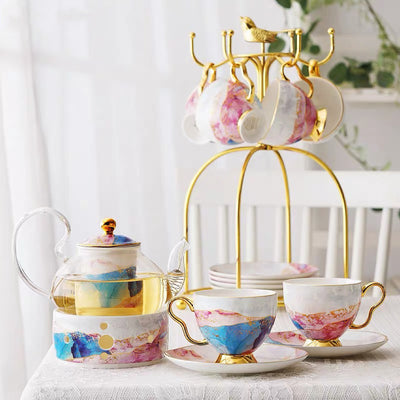 Juego de Tazas de Té en Cerámica y Vidrio con Diseño Floral Inglés - Image 9