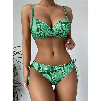 Bikini Triángulo Estampado Serpiente con Fruncido Levantador - Image 11