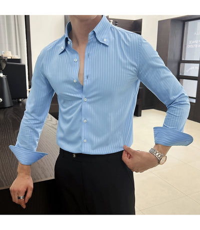 Camisa de Vestir Manga Larga a Rayas para Hombre con Cuello Italiano - Image 20
