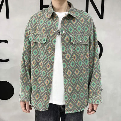 Chaqueta Vaquera Delgada Estampado Flor de Anacardo - Camisa Versátil para Hombre - Image 10