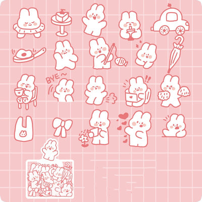 40-piece pack of cute white bunny PET stickers with pink outlines, showing the bunny in various activities like driving, fishing, and holding flowers, on a pink - Image 8