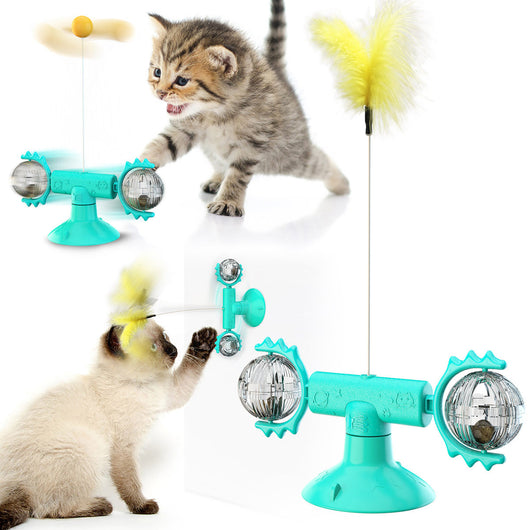 Yellow cat turntable windmill toy with a smiling face, spring, rotating arms, and a feather wand. Two kittens play with the toy. - Image 18