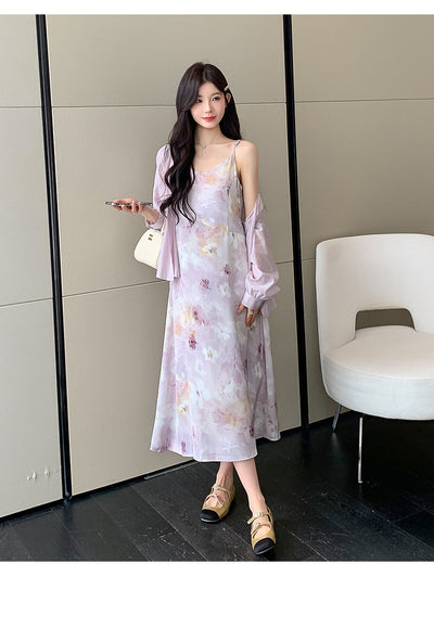 Conjunto Dos Piezas: Vestido Slip Estampado Morado con Cardigan Suave - Image 10