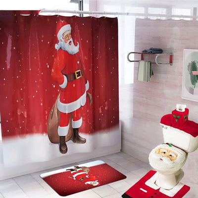 Juego de Decoración Navideña para Baño - Cortina de Ducha y Funda de Inodoro Papá Noel