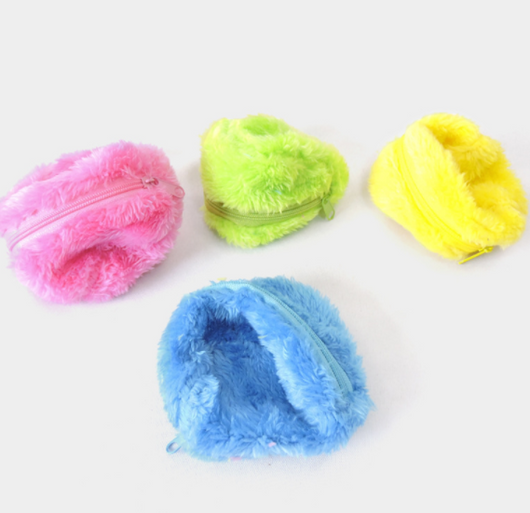 Black electric pet toy ball with four colorful plush covers in pink, lime green, yellow, and blue. - Image 3