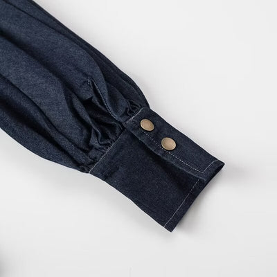 Camisa Denim Azul Oscuro Lavado - Diseño Casual con Cordones y Lazo - Image 12