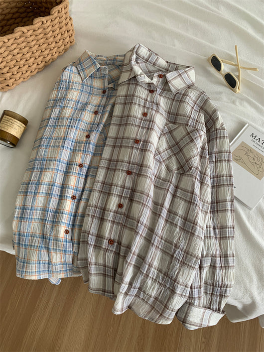 Camisa Cuadriculada de Algodón Retro Lavado Artístico para Mujer - Image 2