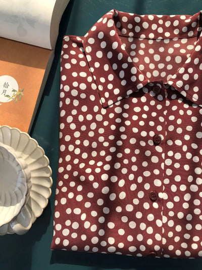 Camisa Vintage Burdeos con Lunares en Seda - Cuello Solapa Manga Larga - Image 17