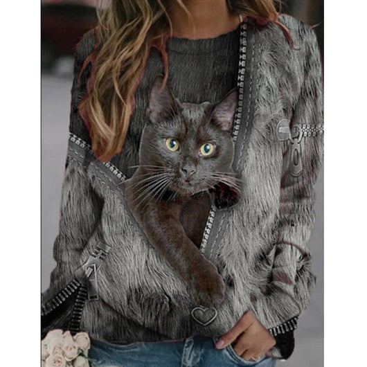 Gray long-sleeve t-shirt with a cartoon black cat peeking out of a printed zipper design, worn by a woman. - Image 7