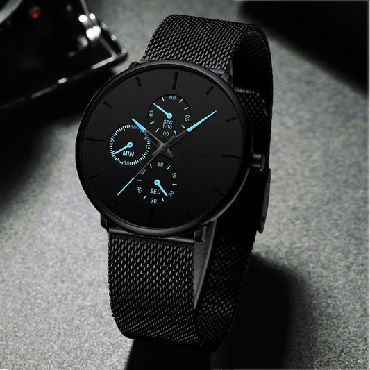 Reloj de Hombre Elegante con Correa de Malla Metálica y Tres Esferas