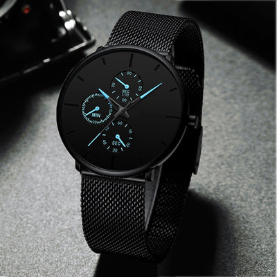 Reloj de Hombre Elegante con Correa de Malla Metálica y Tres Esferas