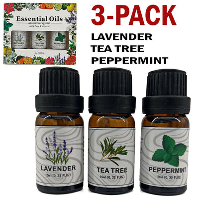 3-pack essential oil set with lavender, tea tree, and peppermint scents in amber bottles and a decorative box. - Image 9