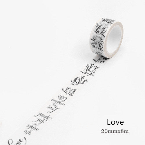 Washi tape with a black gothic-style alphabet letter pattern on a white background, showing a partial alphabet. - Image 15