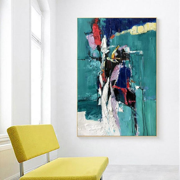 Cuadro Abstracto Moderno Óleo sobre Lienzo - Tonos Azul y Verde para Sala de Estar
