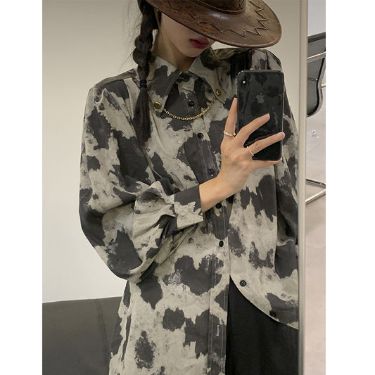 Blusa Manga Larga Estampado Leopardo Bloques de Color Negro Gris Botones Cadena Mujer - Image 2