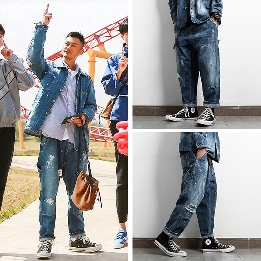 Pantalones Vaqueros Retro Japonés con Salpicaduras de Tinta para Hombre