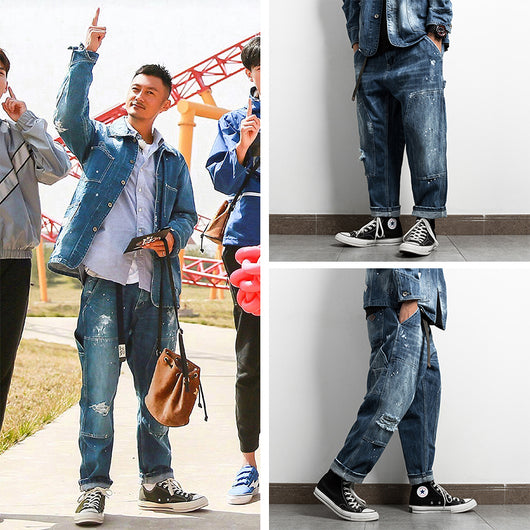 Pantalones Vaqueros Retro Japonés con Salpicaduras de Tinta para Hombre