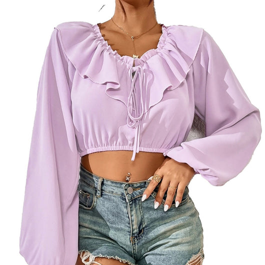 Blusa Elegante de Manga Larga con Cuello Fruncido y Volantes - Image 5