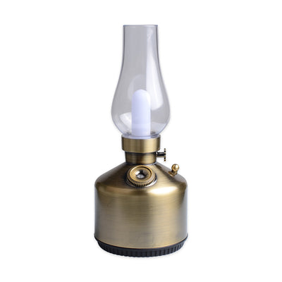 Wood grain kerosene lamp air humidifier with a clear glass-like top and a white light element, featuring a gold control knob. - Image 5