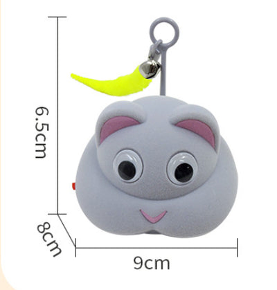Gray pet toy shaped like a mouse or cat head with googly eyes, pink ears, and a yellow feather with a bell. - Image 7