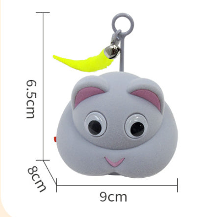 Gray pet toy shaped like a mouse or cat head with googly eyes, pink ears, and a yellow feather with a bell. - Image 7