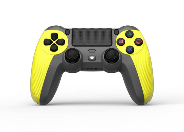 Wireless Bluetooth game controller in dark gray and bright yellow with textured grips, dual analog sticks, and a D-pad. - Image 3
