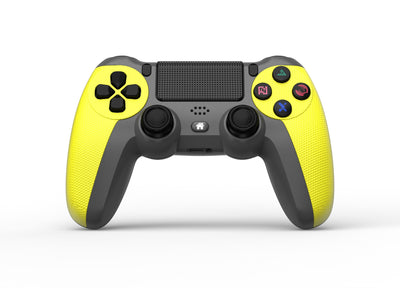 Wireless Bluetooth game controller in dark gray and bright yellow with textured grips, dual analog sticks, and a D-pad. - Image 3