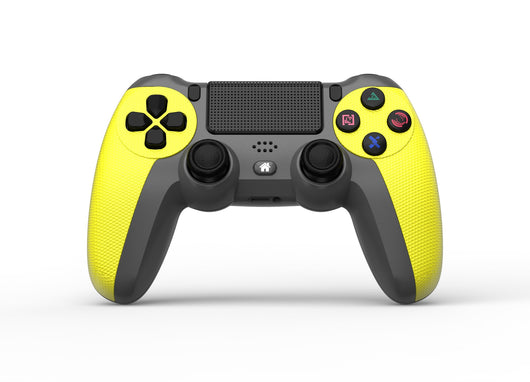 Wireless Bluetooth game controller in dark gray and bright yellow with textured grips, dual analog sticks, and a D-pad. - Image 3
