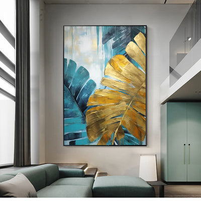 Cuadro Óleo Artesanal Hojas de Plátano Verde y Dorado - Arte de Pared sin Marco - Image 3