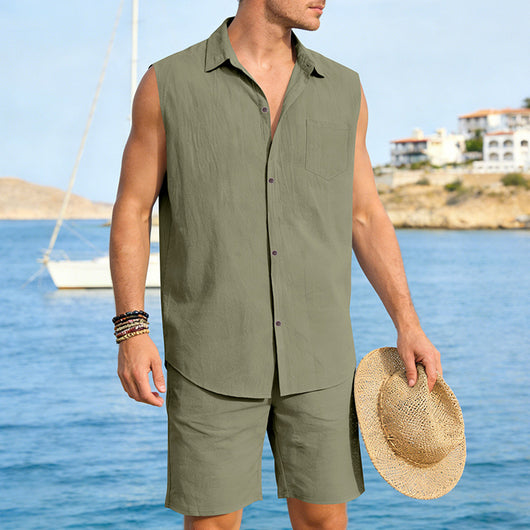 Conjunto de Camisa y Pantalones Cortos de Lino para Hombre - Image 42