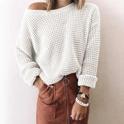 Suéter Tejido Suelto con Cuello Sesgado para Mujer - Otoño e Invierno - Image 9