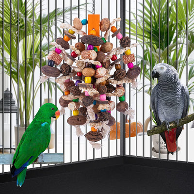 Colorful wooden bird toy with natural pods and beads, hanging in a cage for large and medium parrots.