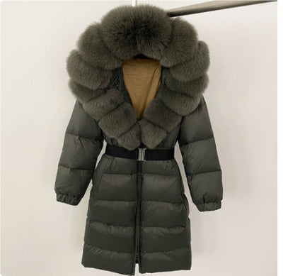 Abrigo Hoodie Largo para Mujer con Cuello de Piel de Zorro y Cintura Ajustada - Image 12