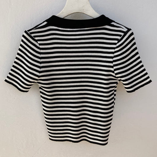 Camiseta Tejida Cuello Solapa con Perlas, Manga Corta Fresca para Verano - Image 2
