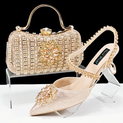 Conjunto de Zapatos y Bolso para Mujer con Cadena de Cristales y Broche Floral - Image 7