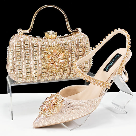 Conjunto de Zapatos y Bolso para Mujer con Cadena de Cristales y Broche Floral - Image 7