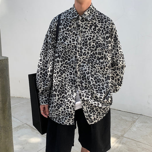 Chaqueta Camisa Suelta Solapa Ancha Estampado Leopardo Retro para Parejas - Image 3