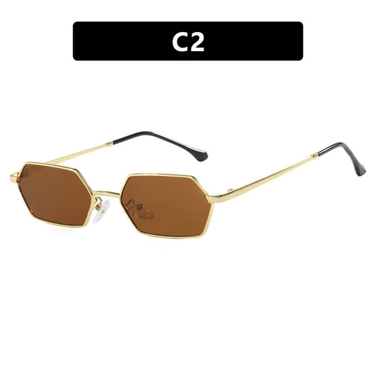 Women's polygonal sunglasses with gold frames and brown lenses, featuring a unique hexagonal shape. - Image 3