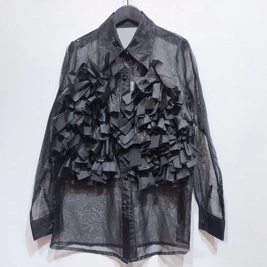Blusa Transparente Elegante de Organza con Mangas Largas