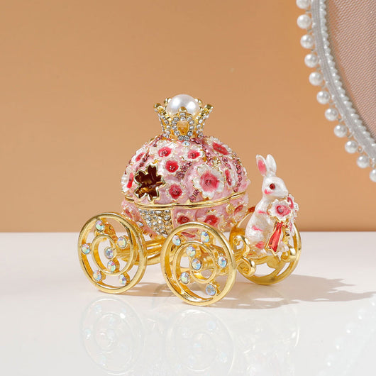 White and gold princess carriage trinket box with a crown, pearl, and bunny figurine, adorned with rhinestones. - Image 13