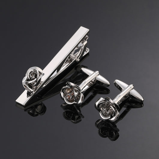 Juego de Clips de Corbata y Gemelos con Cristales Negros y Patrón Floral Esmaltado en Oro y Plata - Image 6